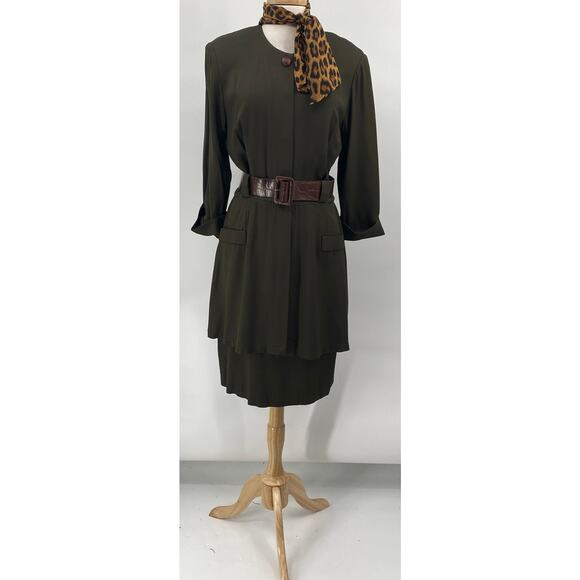 Vintage 80s Layered Blazer Dress Buckle Belted Midi Leopard Print Scarf Green 10 - Picture 2 of 9